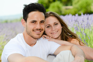 romantic young couple man woman summer lavender field provence