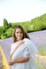 romantic portrait cheerful young woman lavender field summer