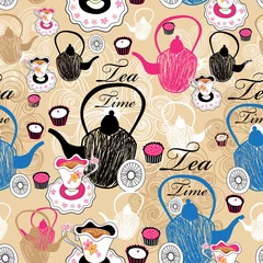 Wall murals Tea pattern teapots and cups with tea