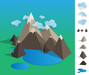 Illustration of geometric mountaun lake landscape