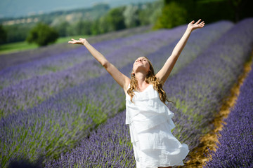 romantic portrait cheerful young woman lavender field summer