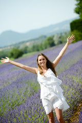 romantic portrait cheerful young woman lavender field summer