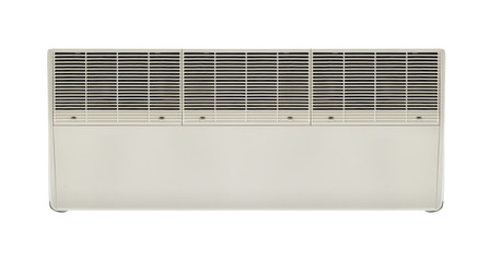 Air conditioner (AC) indoor unit or evaporator and ceiling mounted. That is part of mini split system or ductless system type. For removing heat and moisture from room. Isolated on white background.