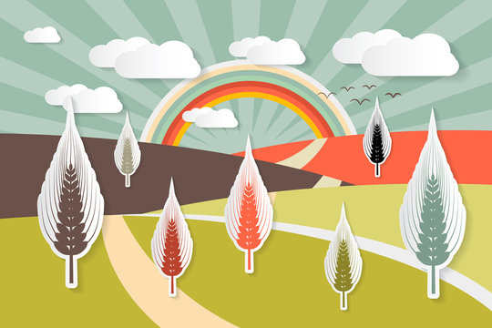 Landscape Vector Illustration with Ears of Wheat Field