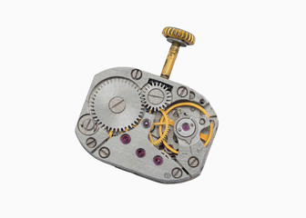 An old clockwork with crank isolated on a white backround