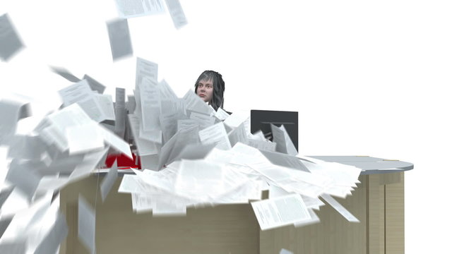 Business Woman sis at desk and is deluged with paperwork