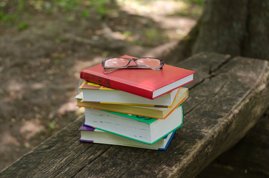 Four books and glasses on a wooden bench in the park