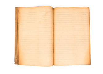 Open old book on white background