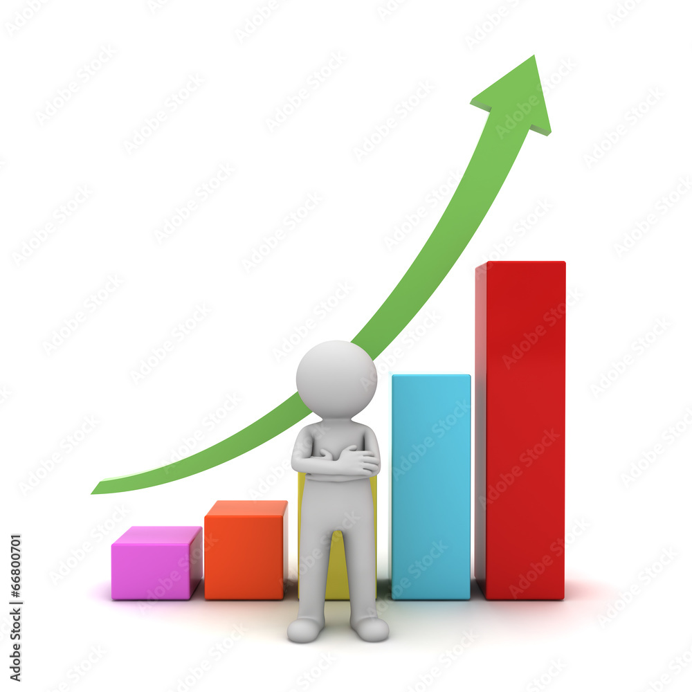 Poster 3d man standing with arms crossed in front of growth graph