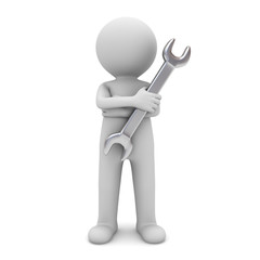 3d man standing arms crossed and holding wrench for maintenance