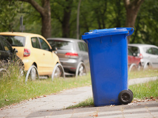 Fototapeta na wymiar Warten auf die Müllabfuhr - Eine blaue Mülltonne am Strassenrand