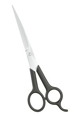 Closed steel shears with plastic handle on white background