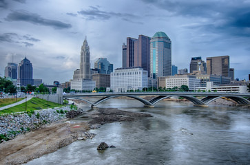 Columbus, Ohio skyline reflected in the Scioto River. Columbus i