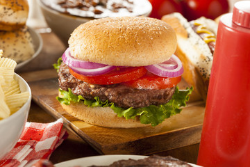 Hearty Grilled Hamburger with Lettuce and Tomato