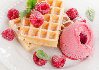 Belgian waffles with raspberries sorbet