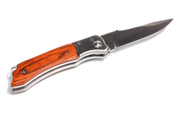 Fototapeta premium Iron pocket knife with wooden handle isolated on white