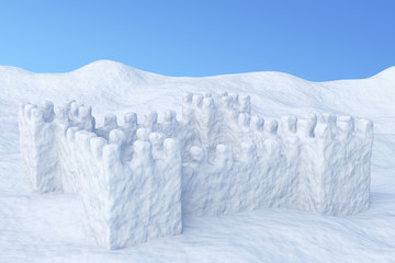 Fototapeta na wymiar Toy show fort on snow under sky