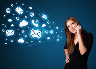 Young lady making phone call with message icons