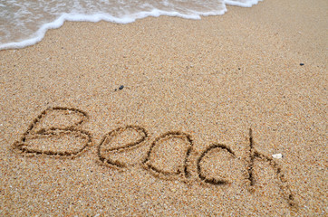 Beach word written on the sandy beach