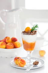 Yogurt with granola and apricots, selective focus