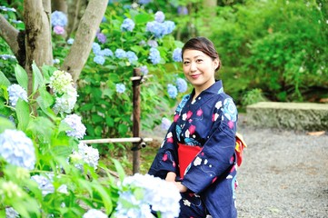 紫陽花の咲く庭園に座って落ち着いている浴衣の美しい日本人女性