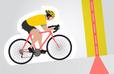 Fototapeta premium yellow dressed cyclist riding upwards to finish line 