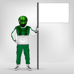 green overall standing racer holding empty flag vector