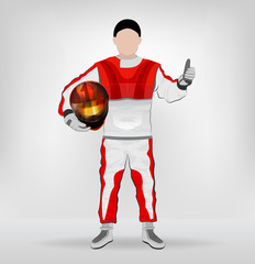 standing racer holding helmet with thumb up vector