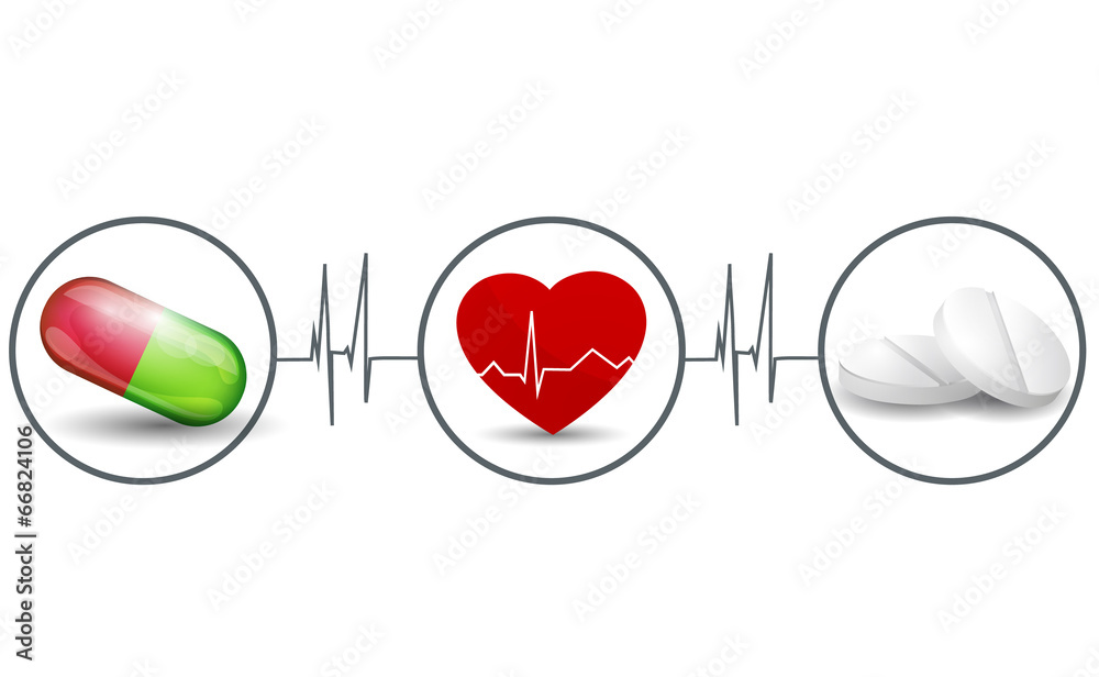 Wall mural Heart treatment with pills concept. Icons connected with heart b