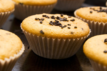 Freshly baked muffins in cups topped with chocolate .