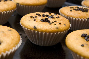 Freshly baked muffins in cups topped with chocolate .
