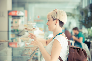 beautiful young blonde short hair hipster woman
