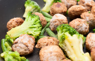 Meatballs, broccoli and spinach stir-fried