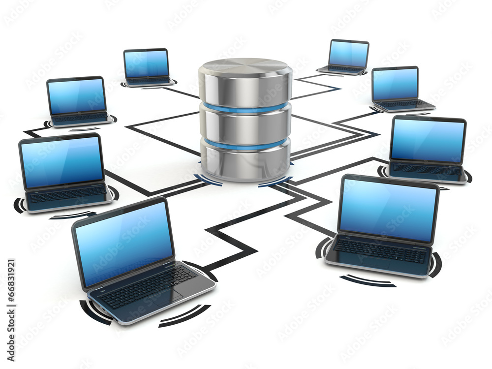 Poster Database storage and laptops. Networking concept