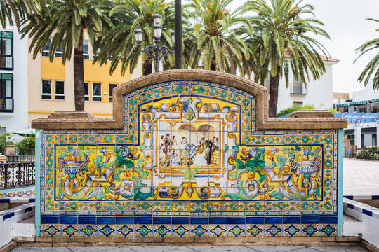 Ornate tiles on a bench in Ayamonte