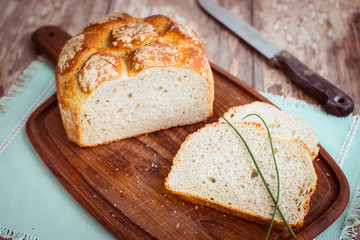 Rustic bread with soccer ball pattern.