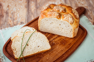 Rustic bread with soccer ball pattern.