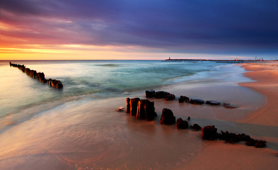 Baltic sea at beautiful sunrise in Poland beach.