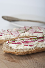 bread with cream robiola cheese and radishes