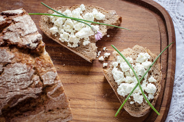 rustic bread with cottage cheese, for breakfast or snack.