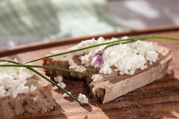 rustic bread with cottage cheese, for breakfast or snack.