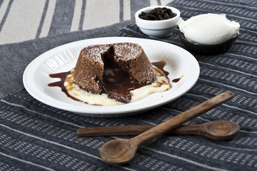 Chocolate flan with coffee and ice-cream