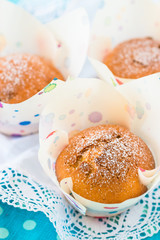 Beautiful homemade muffins with powdered sugar. Selective focus.