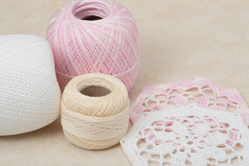 Crochet Lace And Threads. Natural Linen Background