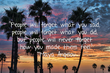Maya Angelou quote over tall palm trees silhouetted and a colorful sunset