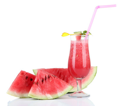 Glass of fresh watermelon juice, isolated on white