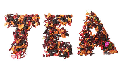 Obrazy na Plexi  Mieszanka herbaty z owocami i przyprawami w kształcie słowa, na białym tle