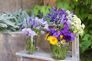 Garden decoration with wildflowers, outdoors