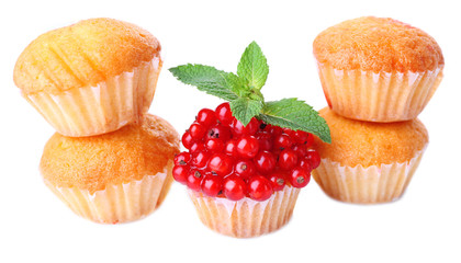 Tasty muffins with red currant isolated on white