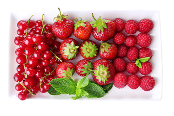 Forest berries on plate, isolated on white